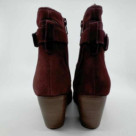 Diba Sleek Buckle Ankle Bootie Side Zipper Block Heel Burgundy Womens Size US 7 - Picture 9 of 10